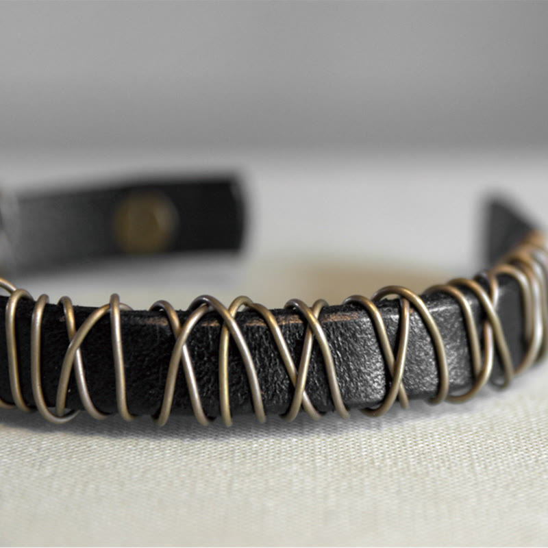 Foviel Vintage Leather Copper Brass Wire Wrap Balance Bracelet