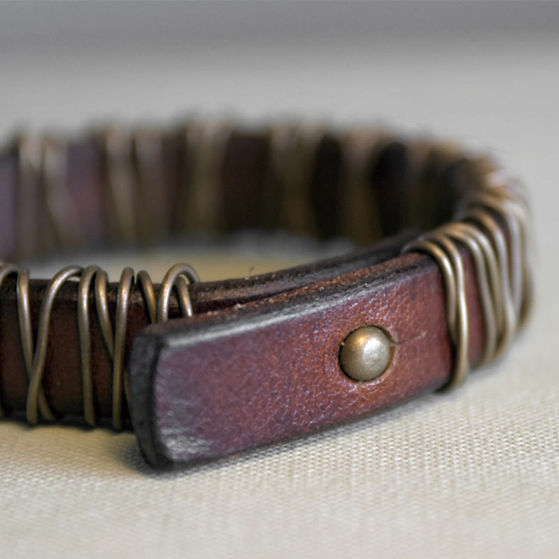 Foviel Vintage Leather Copper Brass Wire Wrap Balance Bracelet
