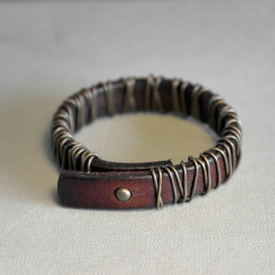 Foviel Vintage Leather Copper Brass Wire Wrap Balance Bracelet