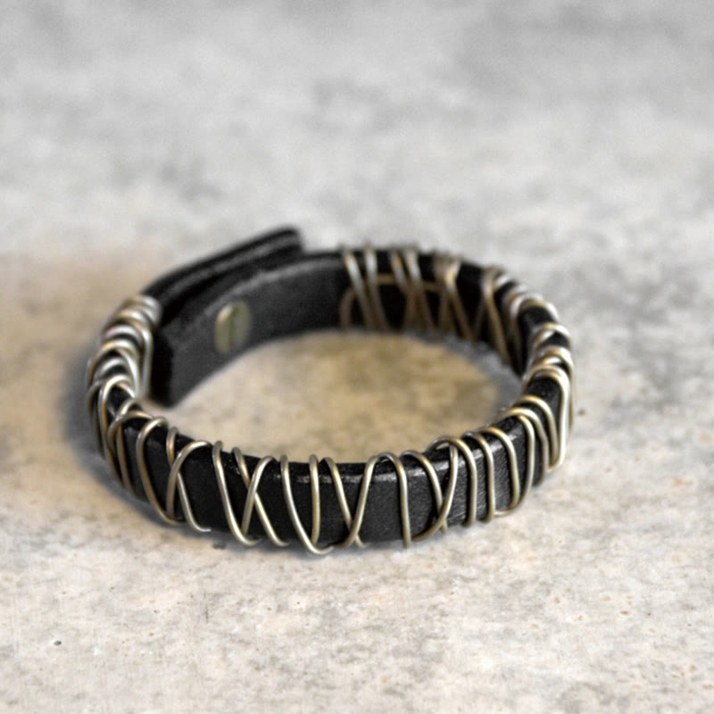 Foviel Vintage Leather Copper Brass Wire Wrap Balance Bracelet