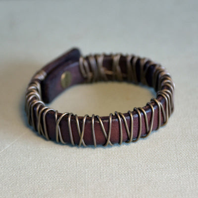 Foviel Vintage Leather Copper Brass Wire Wrap Balance Bracelet
