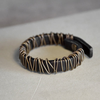 Foviel Vintage Leather Copper Brass Wire Wrap Balance Bracelet