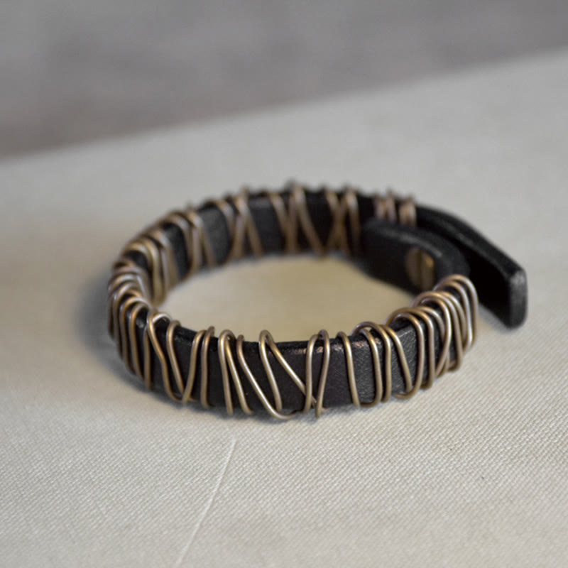 Foviel Vintage Leather Copper Brass Wire Wrap Balance Bracelet