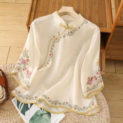 Buddha Stones Casual Women's Embroidered Flower Stand Collar Design Three Quarter Sleeve Cotton Linen Shirt - OldLace - US8-10，UK/AU12-14，EU40-42 (2XL) - image 0