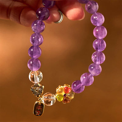 Buddha Stones Natural Amethyst White Crystal Flower Healing Safe And Well Charm Bracelet - image 8