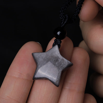 Buddha Stones Natural Silver Sheen Obsidian Star Crescent Moon Protection Necklace Pendant Necklaces & Pendants BS 2