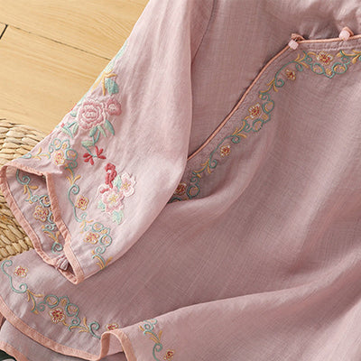 Buddha Stones Casual Women's Embroidered Flower Stand Collar Design Three Quarter Sleeve Cotton Linen Shirt - image 6