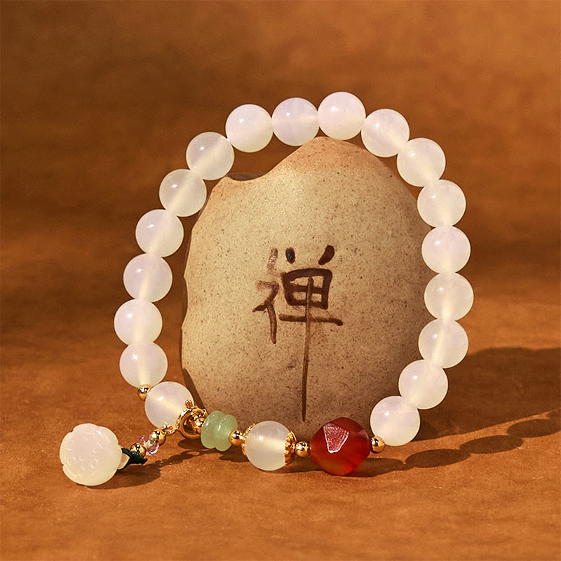 Foviel White Agate Red Agate Lotus Pod Charm Luck Bracelet
