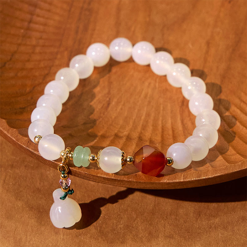 Foviel White Agate Red Agate Lotus Pod Charm Luck Bracelet