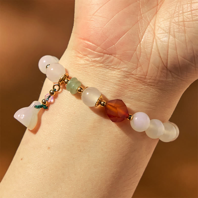 Foviel White Agate Red Agate Lotus Pod Charm Luck Bracelet