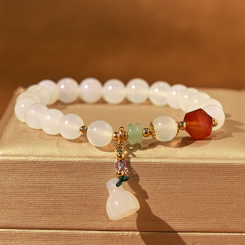 Foviel White Agate Red Agate Lotus Pod Charm Luck Bracelet