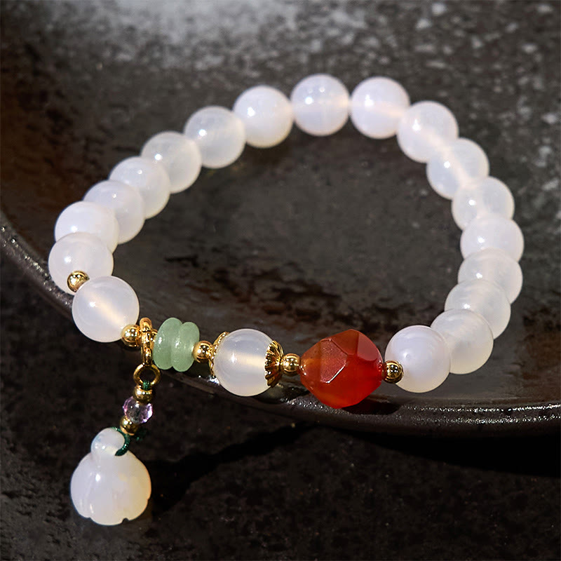 Foviel White Agate Red Agate Lotus Pod Charm Luck Bracelet