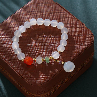 Foviel White Agate Red Agate Lotus Pod Charm Luck Bracelet