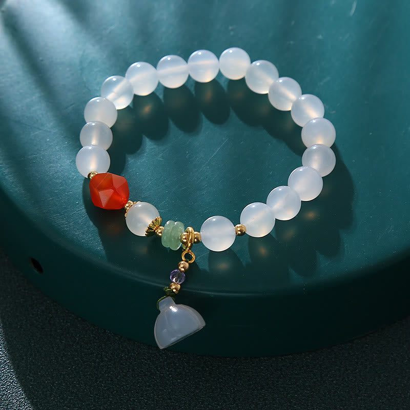 Foviel White Agate Red Agate Lotus Pod Charm Luck Bracelet