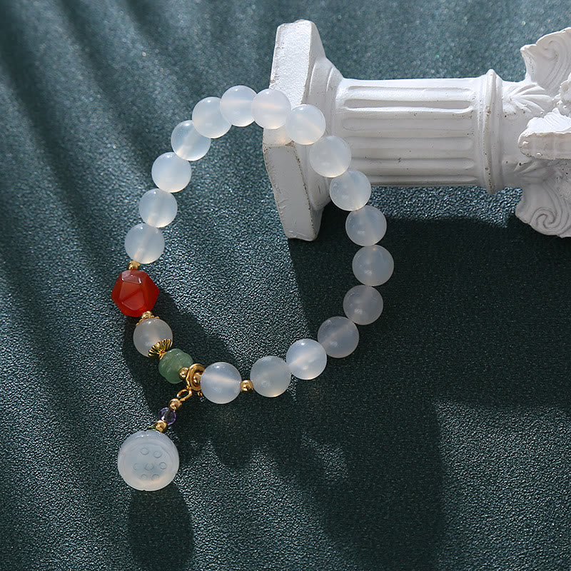 Foviel White Agate Red Agate Lotus Pod Charm Luck Bracelet