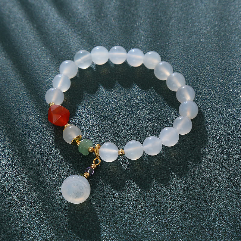 Foviel White Agate Red Agate Lotus Pod Charm Luck Bracelet