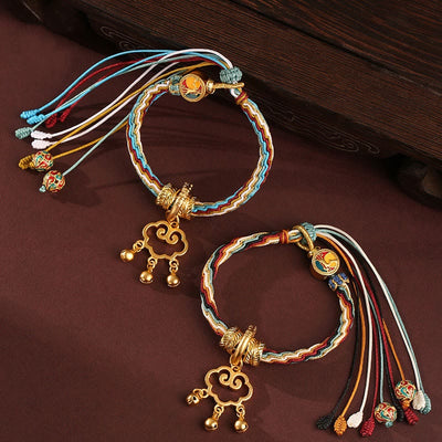 Foviel Handmade Dunhuang Color Deer Auspicious Cloud Peace Lock Bell Healing Reincarnation Knot Bracelet