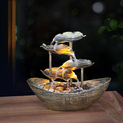Buddha Stones Lotus Leaf Shaped Waterfall Fountain Tabletop Ornaments With LED Light Home Office Desktop Decoration - Silver(Plastic Version) - image 1