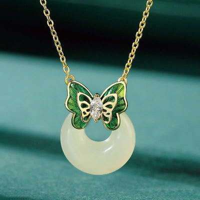 Foviel 925 Sterling Silver Natural Hetian Jade Peace Buckle Butterfly Zircon Luck Bracelet Necklace Pendant