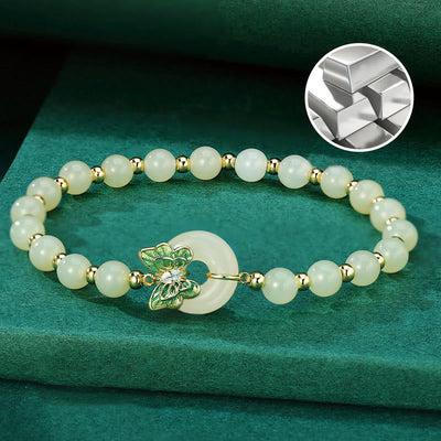 Foviel 925 Sterling Silver Natural Hetian Jade Peace Buckle Butterfly Zircon Luck Bracelet Necklace Pendant