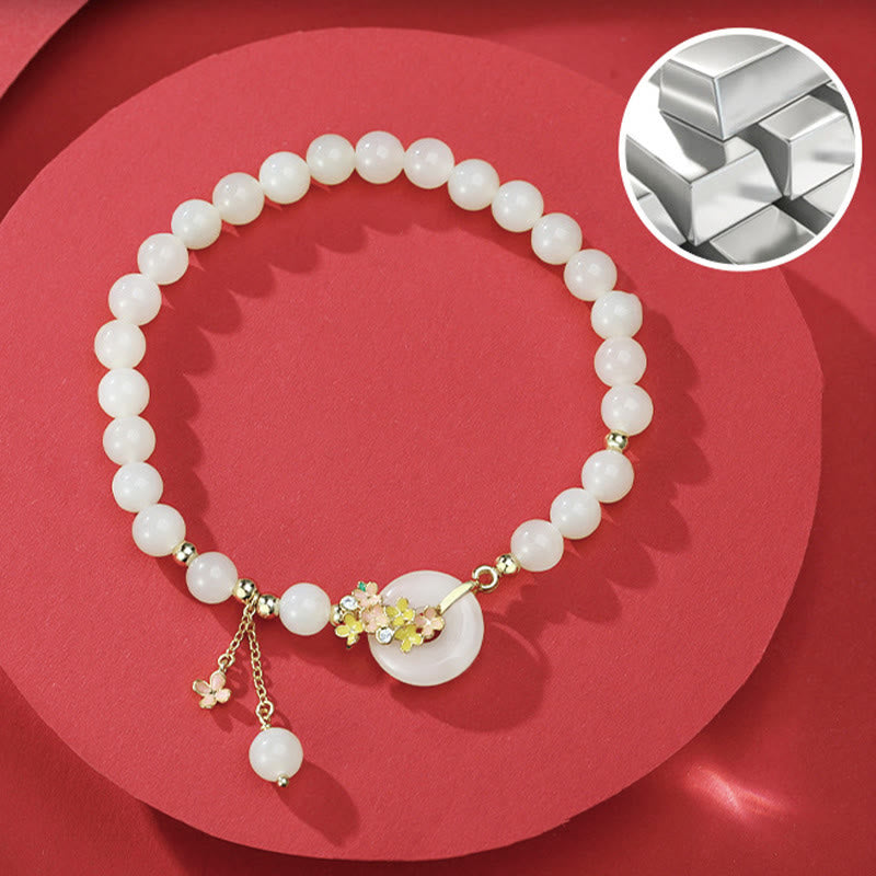 Foviel 925 Sterling Silver Natural Hetian Jade Osmanthus Flowers Peace Buckle Zircon Luck Bracelet Necklace Pendant