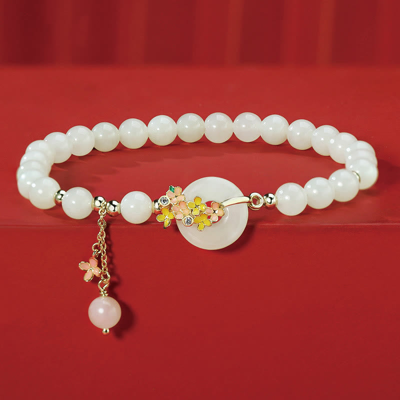 Foviel 925 Sterling Silver Natural Hetian Jade Osmanthus Flowers Peace Buckle Zircon Luck Bracelet Necklace Pendant