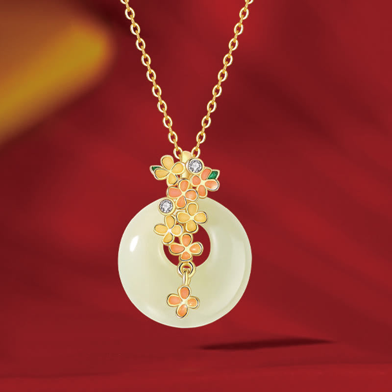 Pendentif de collier pour bracelet porte-bonheur Foviel en argent sterling 925, jade de Hetian naturel, fleurs d'osmanthus et boucle de paix en zircon
