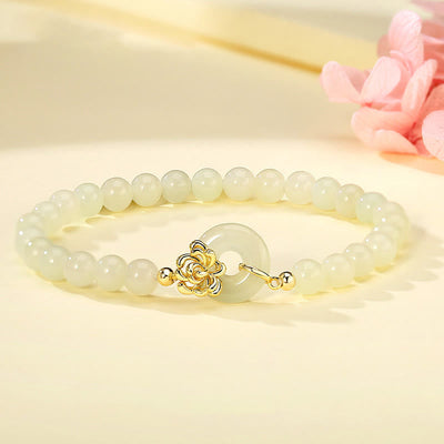 Foviel 925 Sterling Silver Natural Hetian Jade Autumn Chrysanthemum Peace Buckle Prosperity Bracelet