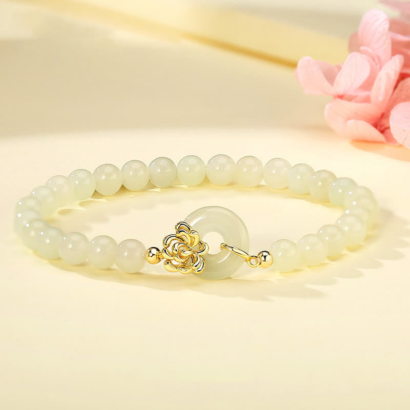 Foviel 925 Sterling Silver Natural Hetian Jade Autumn Chrysanthemum Peace Buckle Prosperity Bracelet