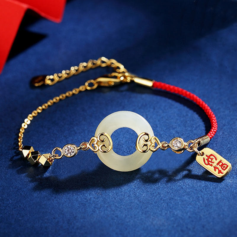 Foviel Pendentif Collier Bracelet de chance en argent sterling 925, boucle de paix en jadéite de Hetian naturelle en forme de gourde avec zircon