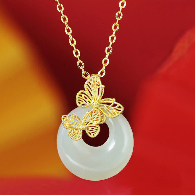 Foviel 925 Sterling Silver Natural Hetian Jade Butterfly Prosperity Necklace Pendant