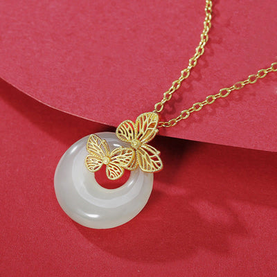 Foviel 925 Sterling Silver Natural Hetian Jade Butterfly Prosperity Necklace Pendant
