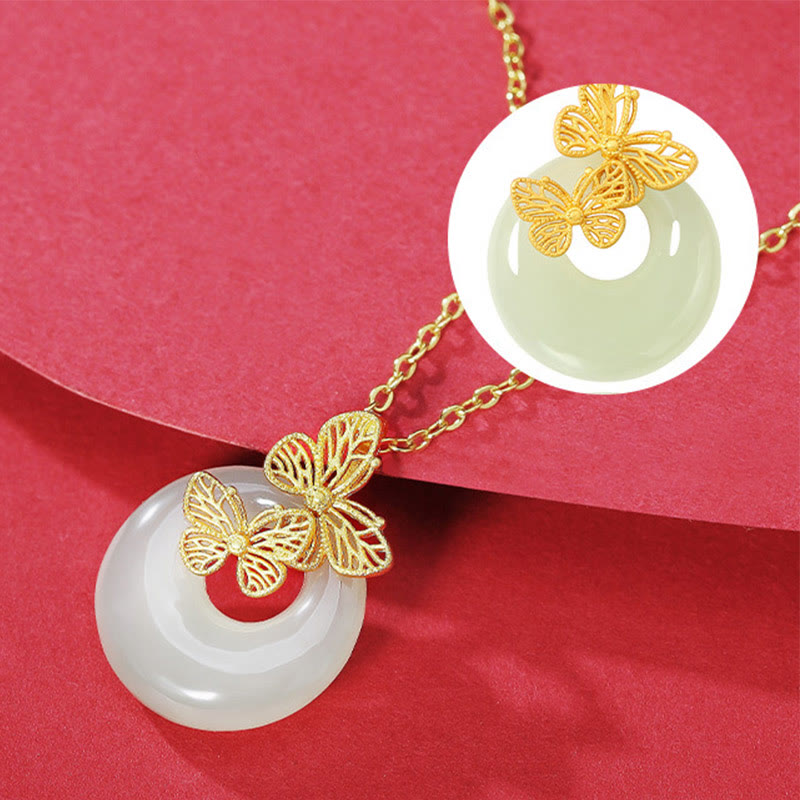 Foviel 925 Sterling Silver Natural Hetian Jade Butterfly Prosperity Necklace Pendant