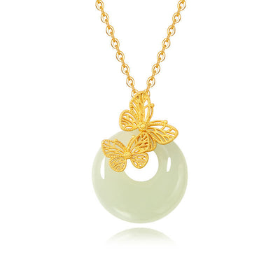 Foviel 925 Sterling Silver Natural Hetian Jade Butterfly Prosperity Necklace Pendant