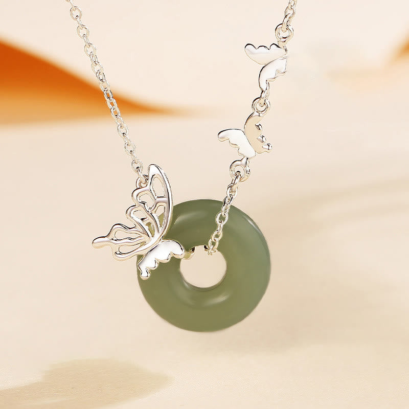 Foviel 925 Sterling Silver Natural Hetian Jade Peace Buckle Butterfly Luck Prosperity Bracelet Necklace Pendant