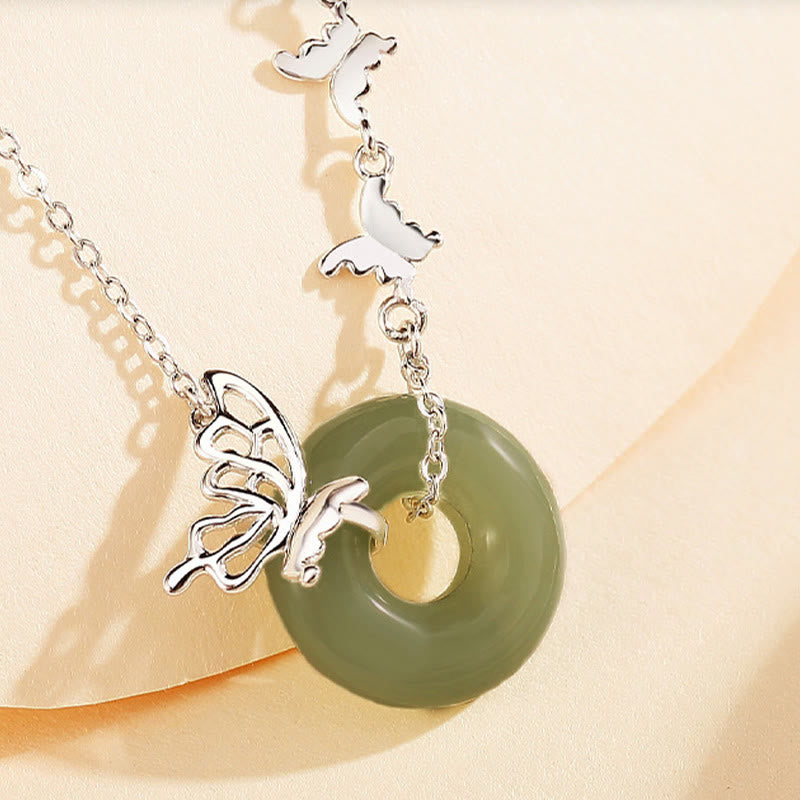 Foviel 925 Sterling Silver Natural Hetian Jade Peace Buckle Butterfly Luck Prosperity Bracelet Necklace Pendant