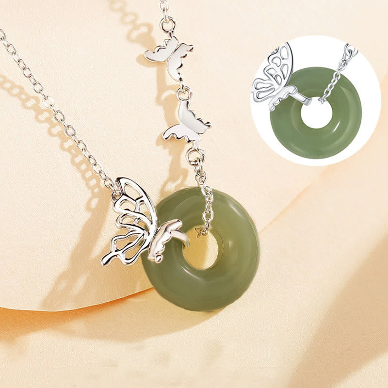 Foviel 925 Sterling Silver Natural Hetian Jade Peace Buckle Butterfly Luck Prosperity Bracelet Necklace Pendant