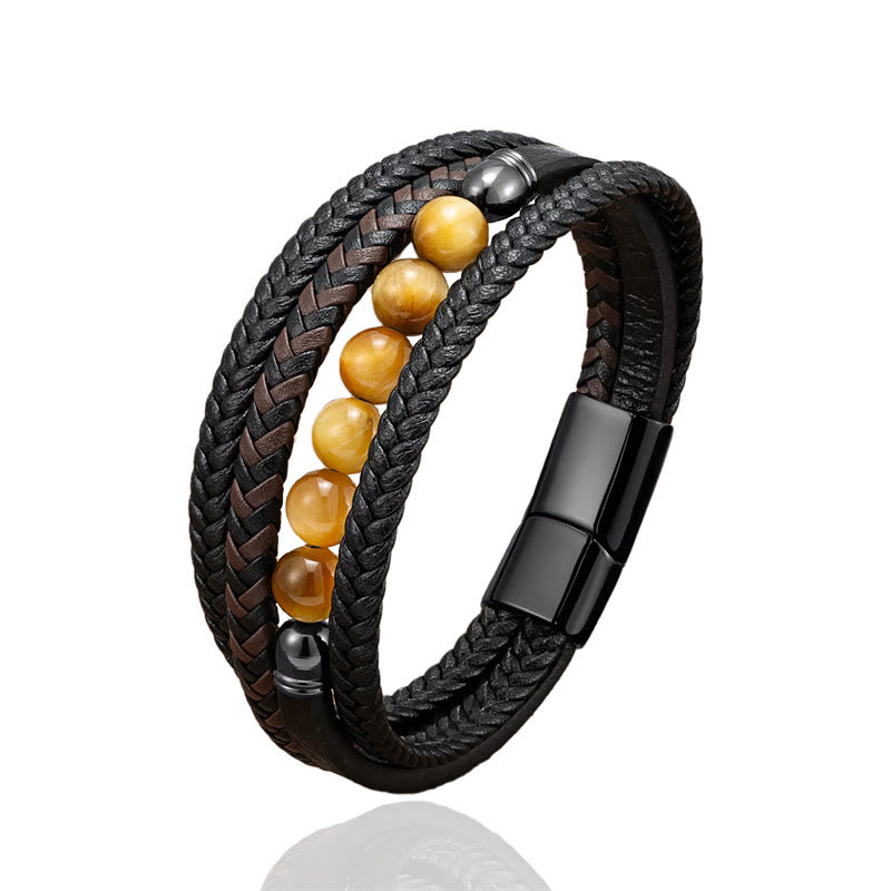 Buddha Stones Tiger Eye Lava Rock Black Onyx Lazurite Lapis Lazuli Hematite Bead Positive Leather Bracelet - image 6