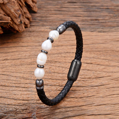 Foviel Handgefertigt Irreguläre Perlen spirituell Leder Titan Stahl Schnalle Armband