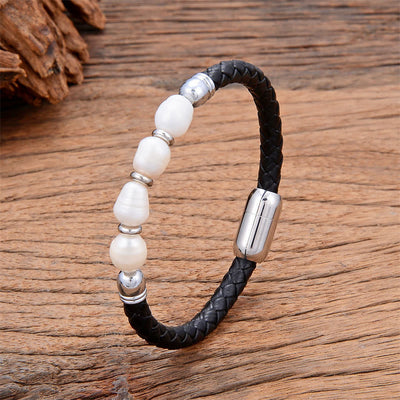 Foviel Handgefertigt Irreguläre Perlen spirituell Leder Titan Stahl Schnalle Armband