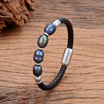 Foviel Handgefertigt Irreguläre Perlen spirituell Leder Titan Stahl Schnalle Armband