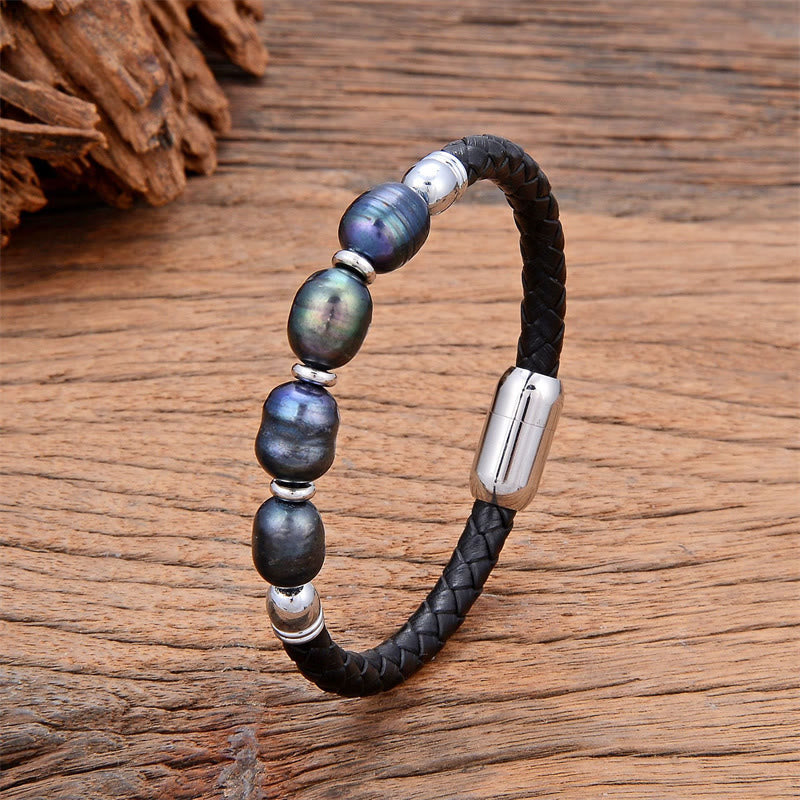 Foviel Handgefertigt Irreguläre Perlen spirituell Leder Titan Stahl Schnalle Armband