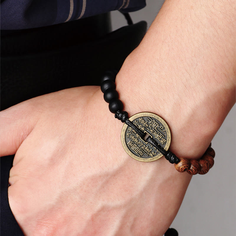 Bracelet de paix Foviel en bois d'ébène et bois de wengé avec pièce de monnaie en cuivre Bagua et motif de fantômes de montagne