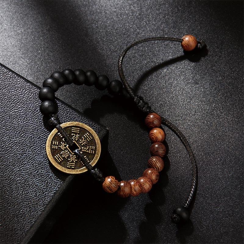 Bracelet de paix Foviel en bois d'ébène et bois de wengé avec pièce de monnaie en cuivre Bagua et motif de fantômes de montagne
