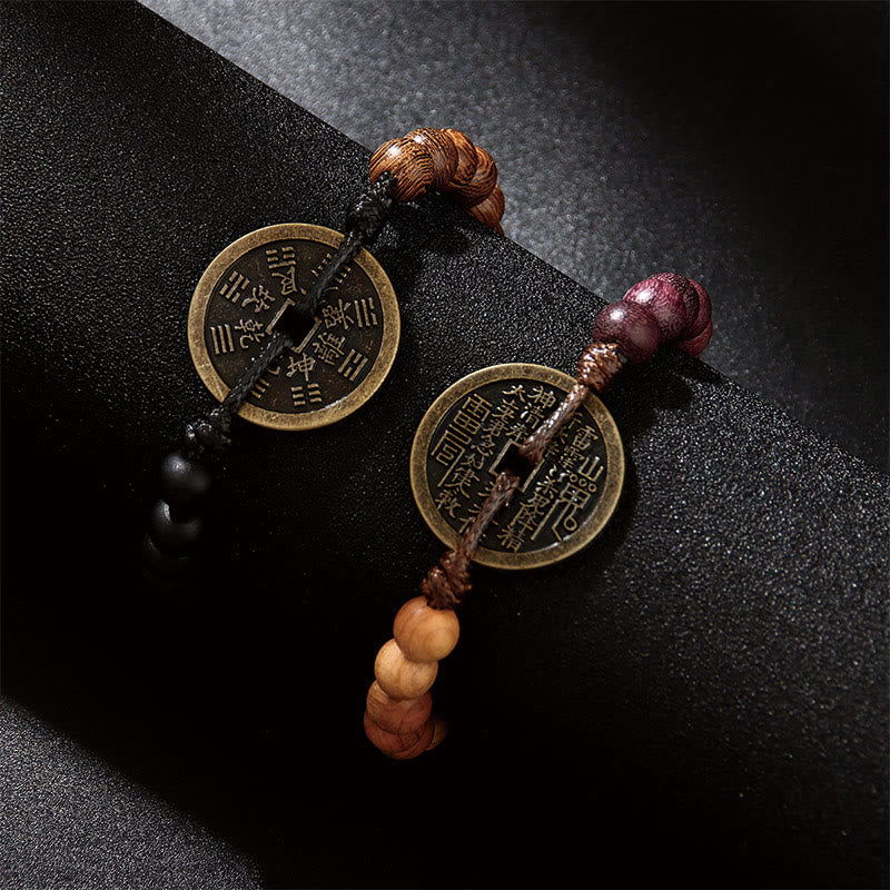 Bracelet de paix Foviel en bois d'ébène et bois de wengé avec pièce de monnaie en cuivre Bagua et motif de fantômes de montagne