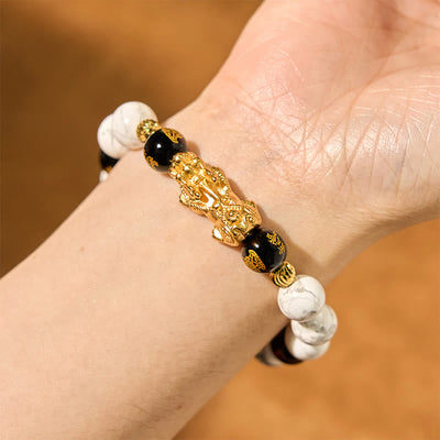 Foviel Vintage White Turquoise Black Onyx Pixiu Beads Blessing Bracelet