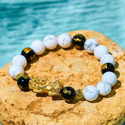 Foviel Vintage White Turquoise Black Onyx Pixiu Beads Blessing Bracelet