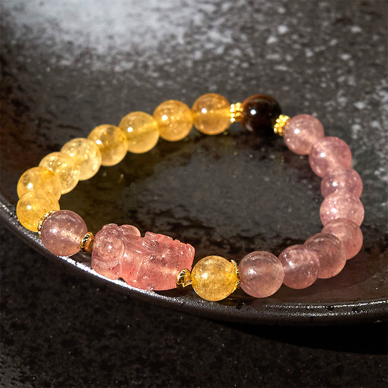 Bracelet de guérison Foviel en quartz fraise, Pixiu et quartz rutile