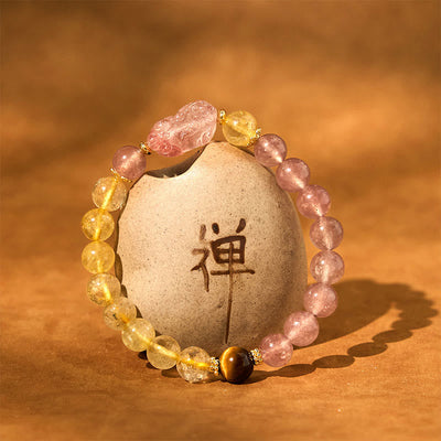 Bracelet de guérison Foviel en quartz fraise, Pixiu et quartz rutile