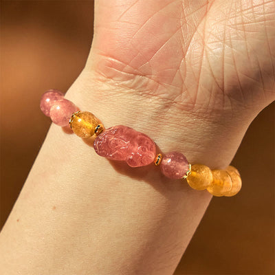 Bracelet de guérison Foviel en quartz fraise, Pixiu et quartz rutile